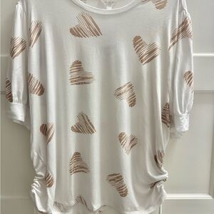 Women's White and Tan Heart Print Top. Brand New